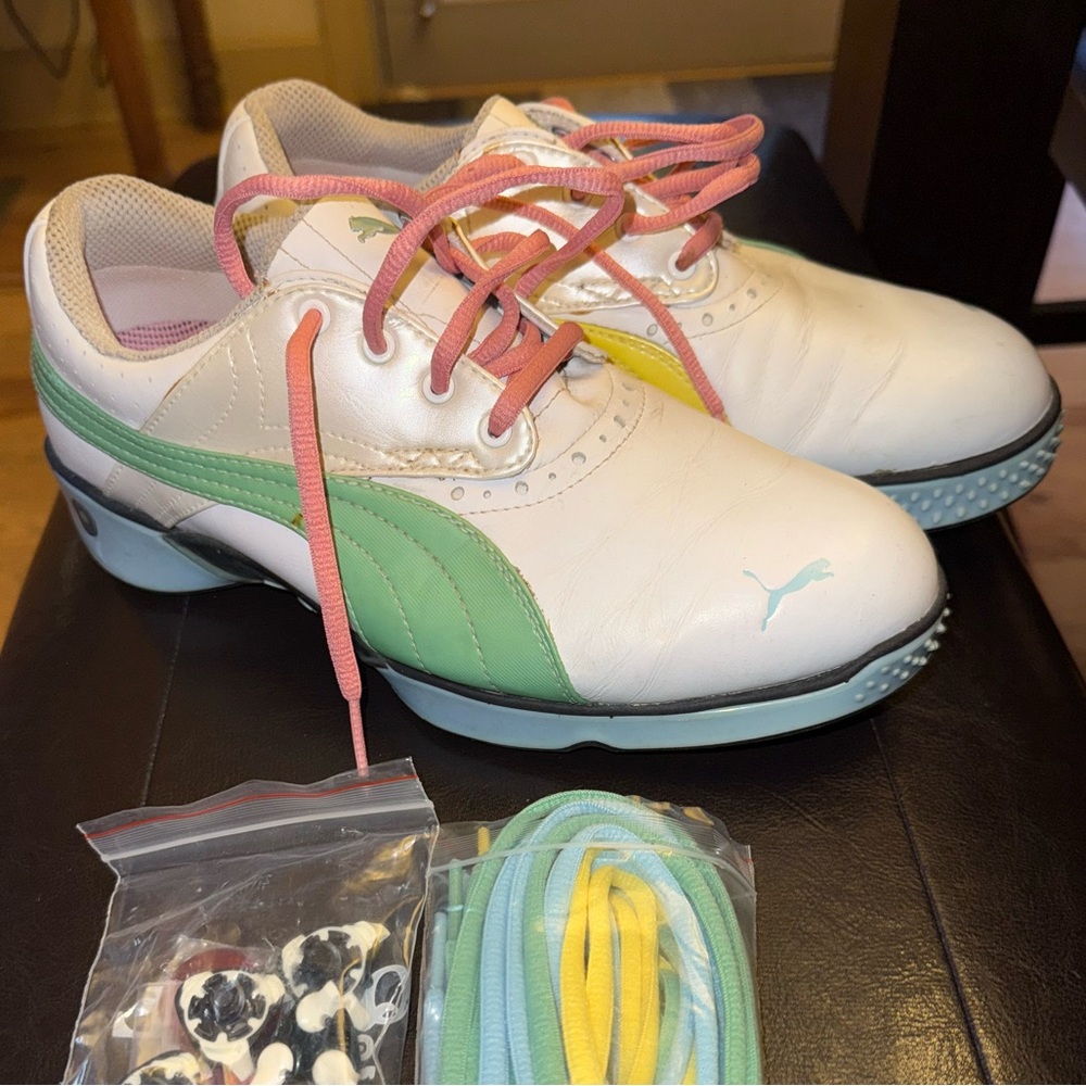 Puma White with Green & Yellow Accents Golf  Shoes